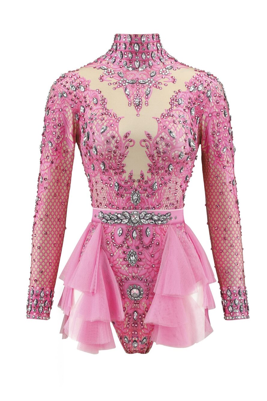 8469 Shiny Pink Rhinestone Bodysuit Long Sleeve Drag Queen Outfit Sexy